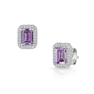 Emerald Cut Pink Amethyst Halo Earrings
